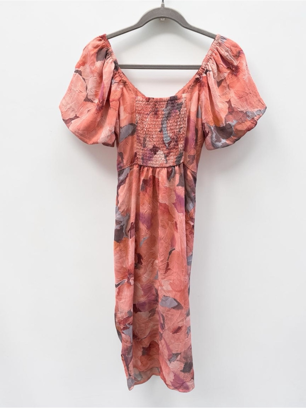 Socialite Pink Floral Ruched Puff Sleeve Midi Dress Size XS - Picture 4 of 8
